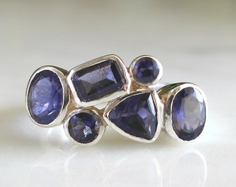 Statement Iolite Ring, Natural Iolite Gemstone, Multi Stone Design, 925 Sterling Silver, Blue Ring For Women, Modern Unique Terrazzo Style