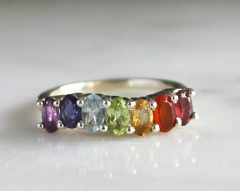 Seven Gemstone Chakra Ring, Sterling Silver Yoga Jewelry