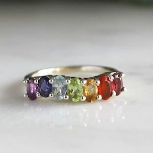 Seven Gemstone Chakra Ring, Sterling Silver Yoga Jewelry