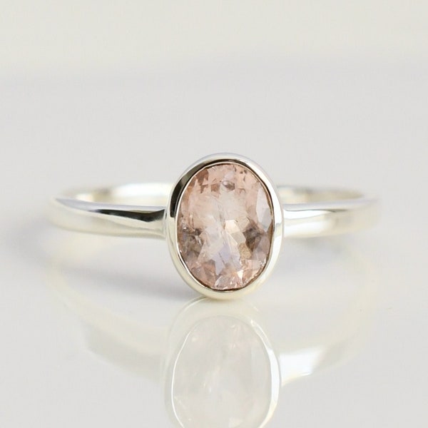 Oval Morganite Ring, Minimal Pink Dainty Solitaire Band, Natural Peach Gemstone, 925 Sterling Silver Bezel Jewelry, Gift For Her, Engagement