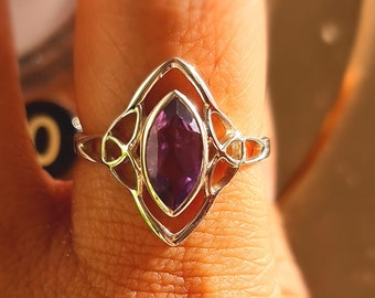 Celtic Knot Amethyst Ring, Natural Amethyst, February Birthstone, Art Deco Unique, Sterling Silver Ring, Marquise Ring, Gift For Her Wife