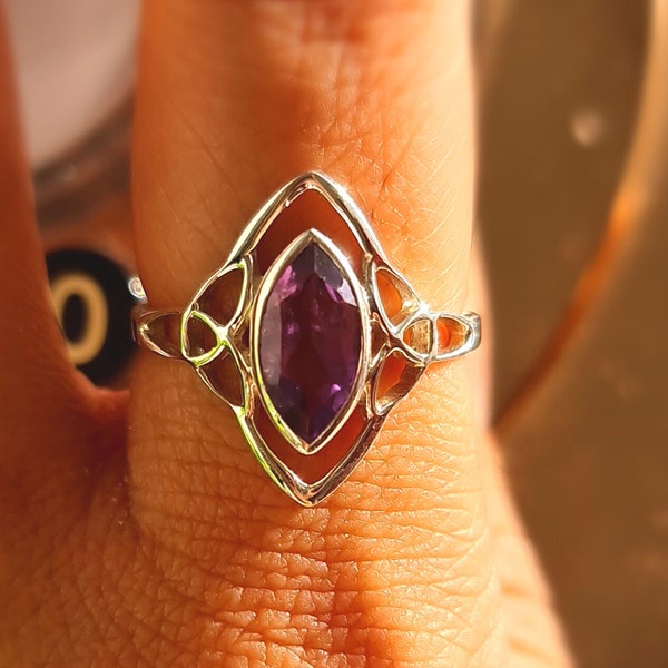 Celtic Knot Amethyst Ring, Natural Amethyst, February Birthstone, Art Deco Unique, Sterling Silver Ring, Marquise Ring, Gift For Her Wife