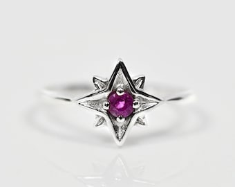 Star Ruby Ring, Dainty Sterling Silver, July Birthstone