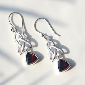 Celtic Knot Earrings, Garnet Earrings Dangle, Garnet Earrings, Natural Garnet, Garnet Drop Earrings, 925 Sterling Silver, January Birthstone