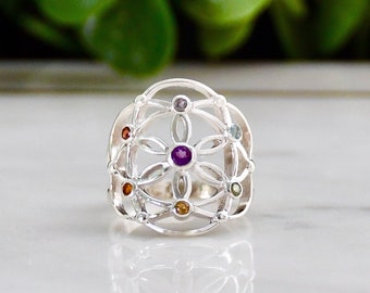 Flower of Life Chakra Ring, Natural Gemstones, Sterling Silver Yoga Jewelry
