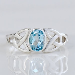 Celtic Knot Blue Topaz Ring, Natural Topaz Gemstone, 925 Sterling Silver, December Birthstone, Oval Irish Trinity Knot, Dainty Gift For Her