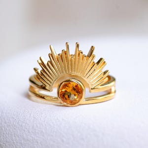 Citrine Sun Ring in 24K Gold Vermeil on Sterling Silver – Handmade Celestial Sunrise Ring, November Birthstone Jewelry for Women, Size 5-11