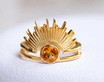 Citrine Sun Ring in 24K Gold Vermeil on Sterling Silver – Handmade Celestial Sunrise Ring, November Birthstone Jewelry for Women, Size 5-11