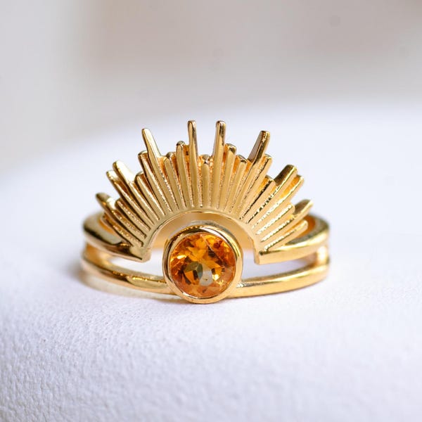 Citrine Sun Ring in 24K Gold Vermeil on Sterling Silver – Handmade Celestial Sunrise Ring, November Birthstone Jewelry for Women, Size 5-11