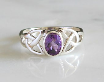 Anello con ametista, ametista naturale, anello con nodo celtico, pietra preziosa naturale, argento sterling, anello con ametista per donna, anello con nodo celtico con pietra
