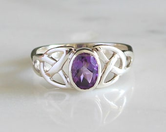 Amethyst Ring, Natural Amethyst, Celtic Knot Ring, Natural Gemstone, Sterling Silver, Amethyst Ring For Women, Celtic Knot Ring With Stone