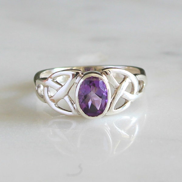 Bague améthyste, améthyste naturelle, bague noeud celtique, pierre précieuse naturelle, argent sterling, bague améthyste pour femme, bague noeud celtique avec pierre