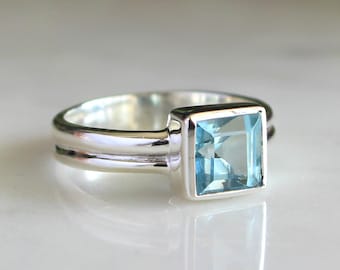 Square Blue Topaz Ring, 925 Sterling Silver, Minimalist Gemstone