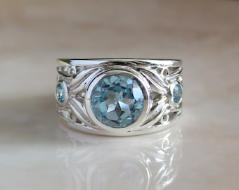 Blue Topaz Ring, Natural Topaz Ring, December Birthstone, Natural Gemstone, 925 Sterling Silver Ring, Unisex Statement Ring, Gift For Him