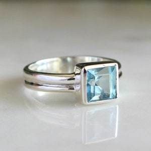 Square Blue Topaz Ring, Natural Gemstone, December Birthstone, 925 Sterling Silver, Minimalistic Ring, Gift For Her Wife, Minimalist Elegant