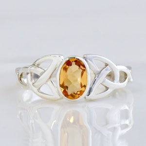 Celtic Knot Citrine Ring, Natural Citrine Gemstone, 925 Sterling Silver, November Birthstone, Yellow Oval Irish Trinity, Dainty Gift For Her