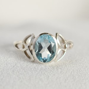 Celtic Knot Blue Topaz Ring, December Birthstone, 925 Sterling Silver, Irish Handmade Jewelry, Natural Gemstone, Oval Dainty, Gift For Her