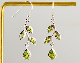 Leaf Peridot Earrings, Natural Green Peridot, August Birthstone, 925 Sterling Silver, Unique Leaves Marquise Earrings, Dangle Drop Earring