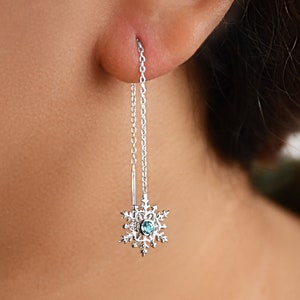 Snowflake Earrings, Blue Topaz Earrings, December Birthstone, Sterling Silver, Natural Topaz, Dangle Threader Chain Earrings, Gift For Her