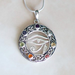 Eye Of Horus Chakra Pendant, Natural 7 Gemstone, Spiritual Healing Protection Yoga Necklace, Sterling Silver Jewelry, Rainbow Evil Eye Charm