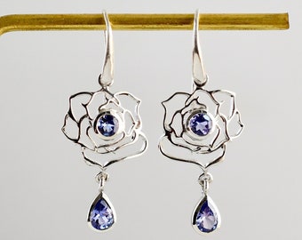 Tanzanite Earrings, Natural Gemstone, Flower Rose Earrings, Sterling Silver, Dangle Drop, Floral Roses, December Birthstone, Gift For Her