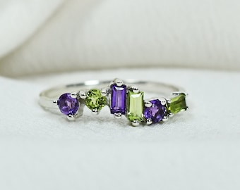 Amethyst and Peridot Ring, Asymmetrical Stacking Ring, February and August Birthstone, Modern Wedding Band, Sterling Silver, Gift For Her