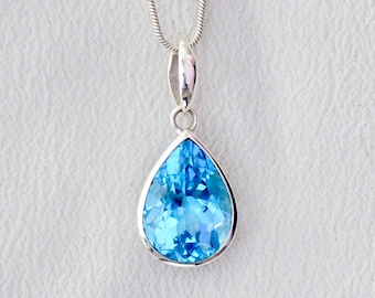 Blue Topaz Pendant, 15 Carats, Statement Topaz Necklace, Natural Gemstone, Sterling Silver, November Birthstone, Pear Drop Cut, Gift For Her