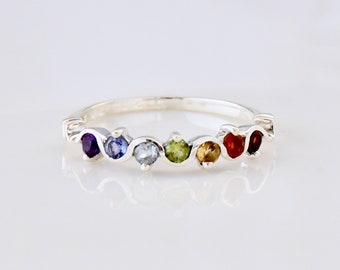 Chakra Ring, Natural Seven Gemstone Chakra Healing Ring, Spiritual Ring, Yoga Jewelry, Sterling Silver Jewellery, Multistone Rainbow Ring