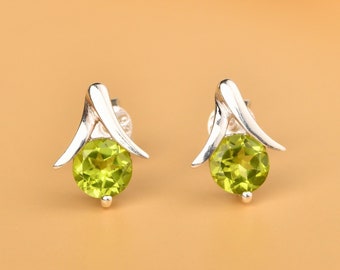 Peridot Stud Earrings, August Birthstone, 925 Sterling Silver, Green Peridot Round Studs, Natural Peridot Post Earrings, Unique Dainty Gift