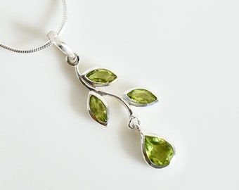 Leaf Peridot Pendant, Natural Green Peridot, August Birthstone, Sterling Silver, Unique Leaves Marquise Necklace, Matching Earrings Ring Set