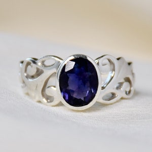Iolite Ring, Natural Iolite Gemstone, Sterling Silver, Dainty Band, Indigo Blue Oval Stone, Unique Handmade Ring, Designer Gift For Women
