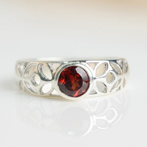 Sterling Silver Garnet Ring, Round Gemstone Statement Band