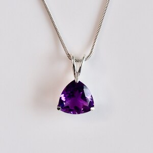 Könnte beinhalten: Eine silberne Halskette mit einem dreieckigen, tiefvioletten Amethyst-Anhänger. Der Edelstein ist facettiert und fängt das Licht ein. Die Kette ist dünn und zart, und der Anhänger ist vor einem weißen Hintergrund zentriert. Der Schmuck ist schlicht und elegant.