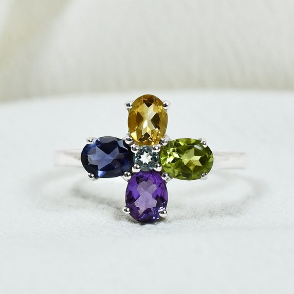 Multi Stone Flower Ring, Amethyst Iolite Peridot Citrine Blue Topaz Ring, Sterling Silver, Colorful Clover Cluster Floral Ring, Gift For Her