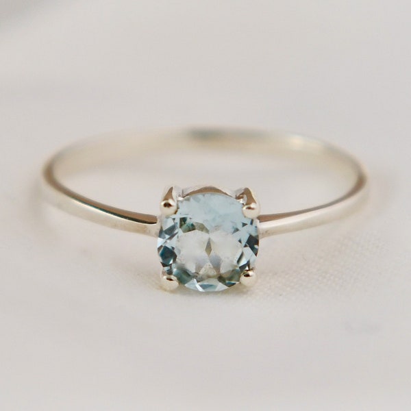 Round Aquamarine Ring, Natural Aquamarine, March Birthstone, Minimal Round Prong Ring, Natural Blue Gemstone, Sterling Silver, Gift For Her