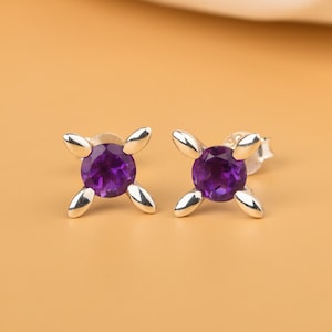 Amethyst Stud Earrings, February Birthstone, 925 Sterling Silver, Purple Amethyst Round Studs, Natural Amethyst Post Earrings, Unique Dainty