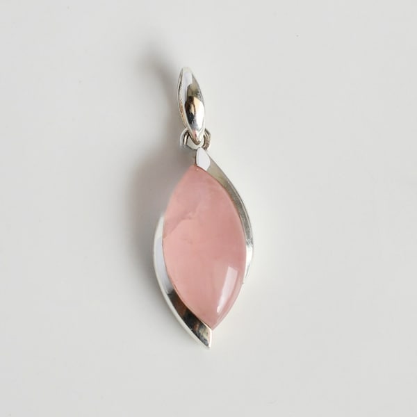 Rose Quartz Pendant, Statement Necklace, Marquise Cut, Sterling Silver, Unique Design, Large Pink Crystal Jewelry, Bridesmaid Gift For Her