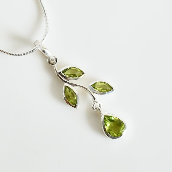 Leaf Peridot Pendant, Natural Green Peridot, August Birthstone, Sterling Silver, Unique Leaves Marquise Necklace, Matching Earrings Ring Set