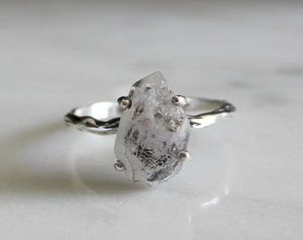 Herkimer Diamond Ring, Rough Diamond Ring, Raw Crystal Ring, Natural Gemstone, Sterling Silver, Salt and Pepper Diamond Ring For Women, Gift