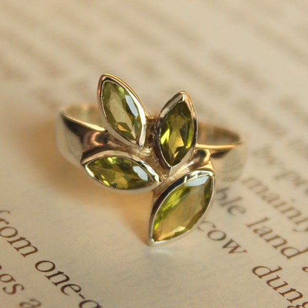 Leaf Peridot Ring, Natural Green Peridot, August Birthstone, Natural Gemstone, 925 Silver Ring, Unique Leaves Marquise Ring, Rings For Women