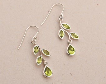 Leaf Peridot Earrings, Sterling Silver Dangle Drop, August Birthstone