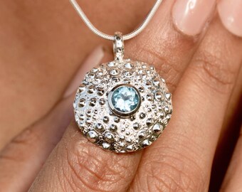Blue Topaz Necklace, 925 Sterling Silver, Coral Pendant
