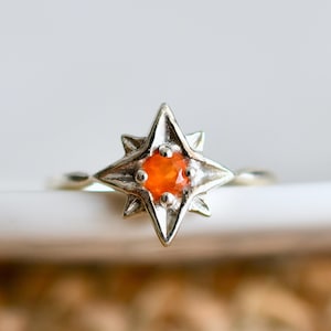 Carnelian Ring, North Star Ring, Orange Natural Carnelian, Dainty Handmade Crystal Ring, Celestial Stars Ring, Sterling Silver, Gift For Her