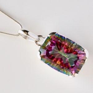 Mystic Topaz Pendant, Natural Topaz, Rainbow Topaz Jewelry, Sterling Silver, Octagon Cushion Cut Gemstone, Statement Necklace, Gift For Her