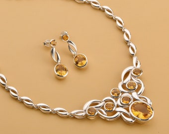 Citrine Necklace Set, Sterling Silver Bridal Jewelry, November Birthstone