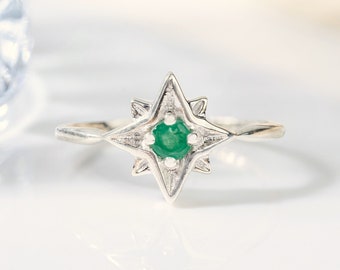 North Star Emerald Ring, 925 Sterling Silver, Handmade Jewelry