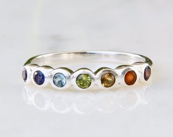 Chakra Ring, Natural Seven Gemstones, Chakra Healing Band, Spiritual Yoga Jewelry, Sterling Silver, Minimal Stacking Ring, 7 Rainbow Ring