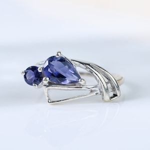 Iolite Ring, Natural Gemstone, Multi Stone Modern Minimalist Ring, 925 Sterling Silver, Unique Dainty Blue Violet Promise Ring, Gift For Her