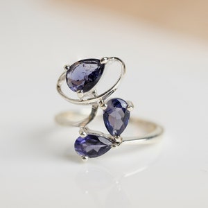 Iolite Ring, Natural Gemstone, Multi Stone Modern Minimalist Ring, 925 Sterling Silver, Unique Dainty Blue Violet Promise Ring, Gift For Her