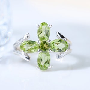 Peridot Ring, Flower Clover Lucky Ring, 925 Sterling Silver, Natural Gemstones, Handmade Jewelry, August Birthstone, Statement Gift For Her